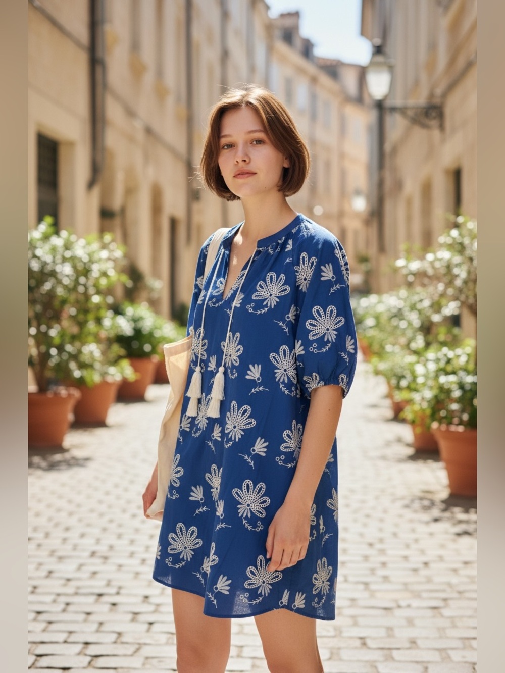 NWT Karen Kane Royal Blue Embroidered Tie-Neck 100% Cotton Dress Size Large